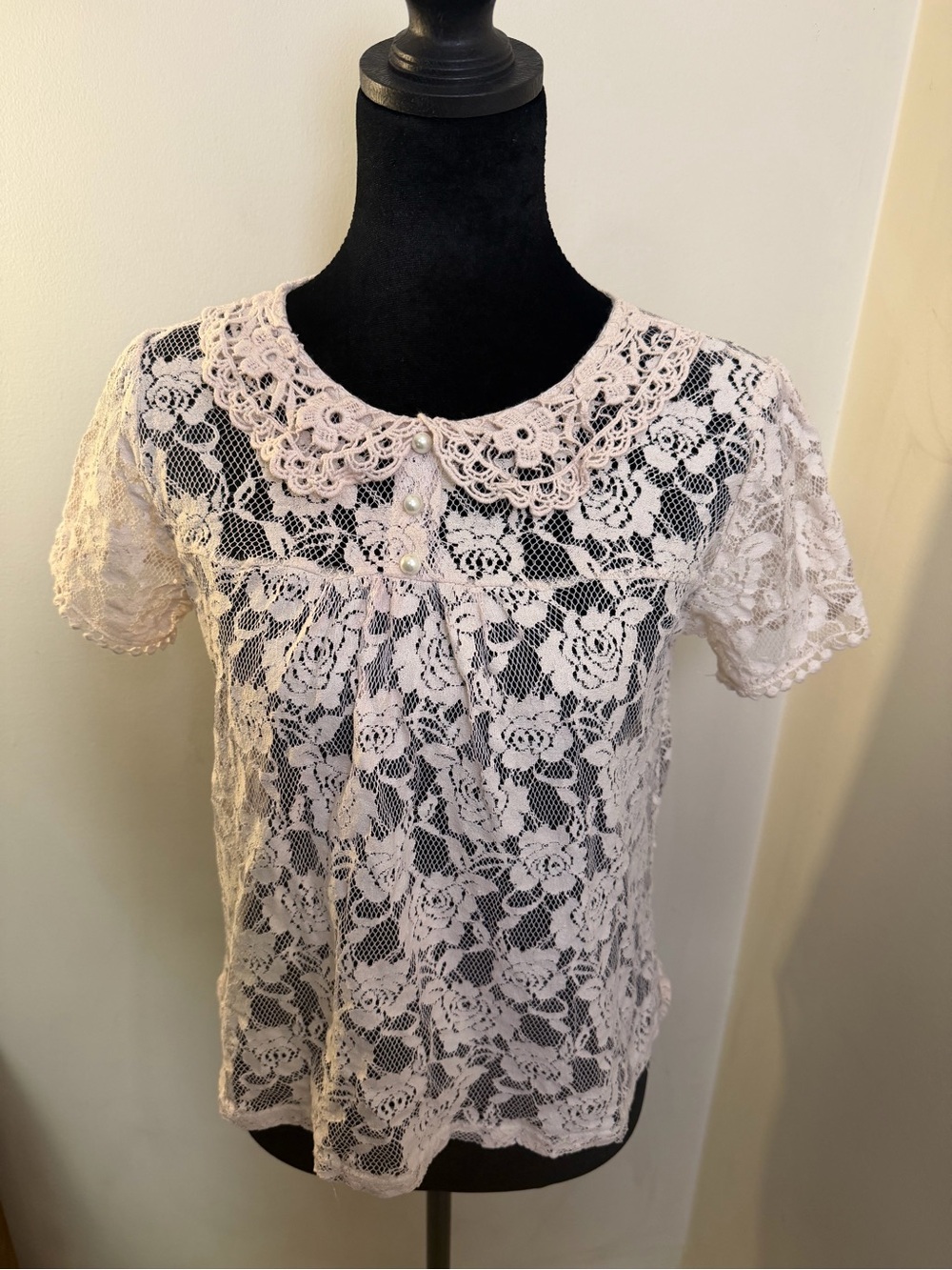 Robin K Pink Lace Short Sleeve Blouse with Crochet Collar